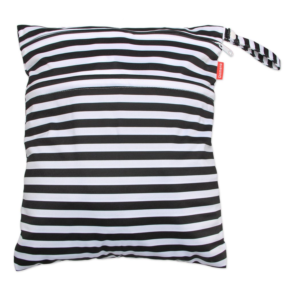 Damero Travel Wet and Dry Bag with Handle for Cloth Diaper, Pumping Parts, Clothes, Swimsuit and More, Easy to Grab and Go (Large, Black Strips)