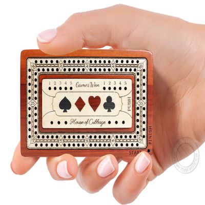 House of Cribbage - 2 Track - Wooden Travel/Pocket Size Cribbage Board - 4 Inch - Inlaid in Bloodwood/Maple Wood with Storage Space for Cribbage Pegs - 60 Points - Non Continuous