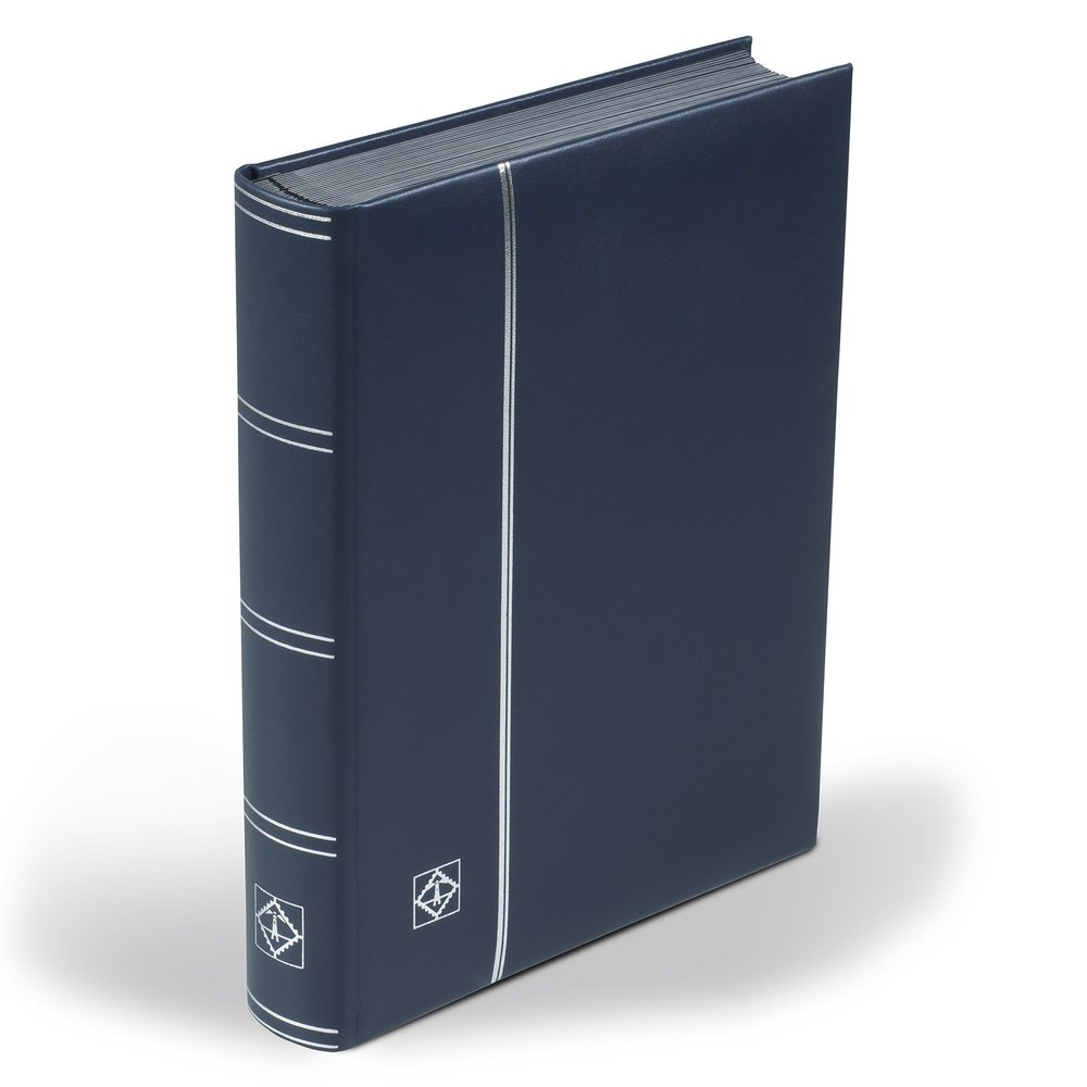 Lighthouse Stockbook Leather, DIN A4, 64 Black Pages, Padded Genuine Leather Cover, Blue