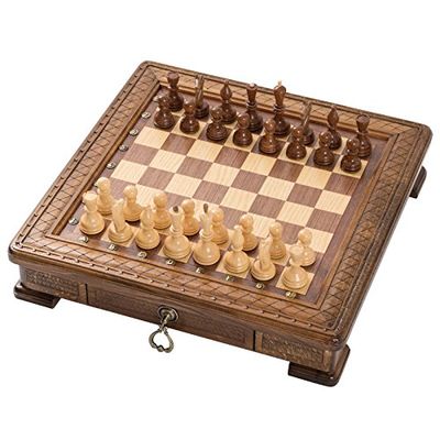 19,3 inch Unique Big Handmade Wood Chess Set with Big Drawer (Storage Box) - Bronze Symbols - High Detail Unique Board Game. Gorgeus and Amazing Gift from Armenia Europe