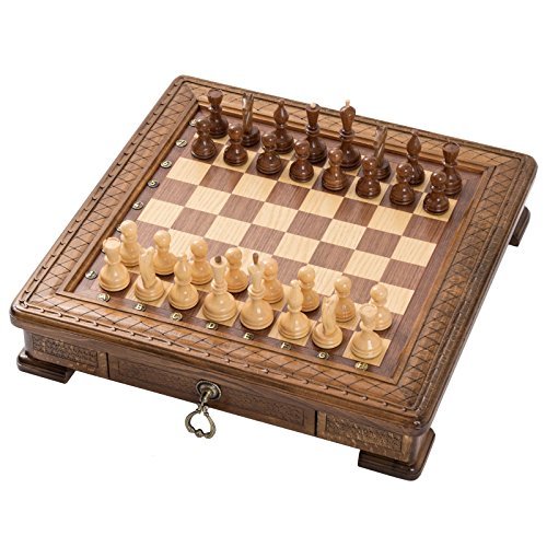 19,3 inch Unique Big Handmade Wood Chess Set with Big Drawer (Storage Box) - Bronze Symbols - High Detail Unique Board Game. Gorgeus and Amazing Gift from Armenia Europe