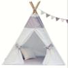 Gray White Teepee Tent with Poles, Floor, Pocket, LED Light, Flag Banner and Storage Bag, Play Tent, Play House, Kids Room Decor view 2