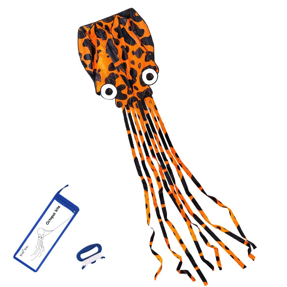 Kizh Kite Octopus Large Frameless Soft Parafoil Kites for Kids and Adults Easy Flyer Kite for Beach Park Garden Playground 150 Inchs Long Perfect Outdoor Fun(Orange)