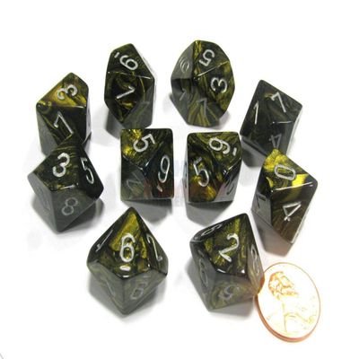 Chessex Manufacturing 27218 D10 Clamshell Set of 10 Dice - Leaf Black & Gold with Silver Numbering by Chessex Manufacturing
