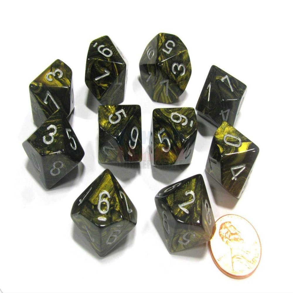 Chessex Manufacturing 27218 D10 Clamshell Set of 10 Dice - Leaf Black & Gold with Silver Numbering by Chessex Manufacturing