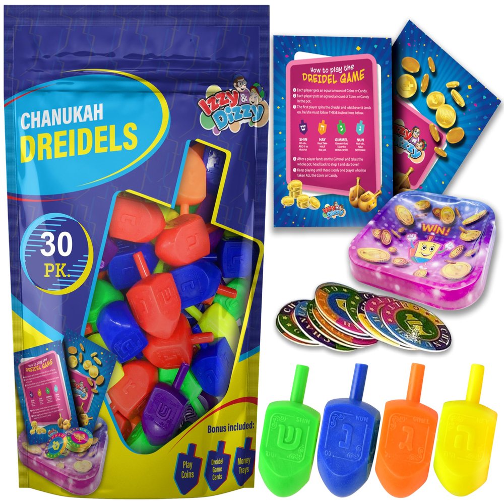 Izzy 'n' Dizzy Medium Dreidels Assorted Colors with Classic Chanukah Spinning Draidel Game, Gift and Prize - Bulk (Pack of 30)