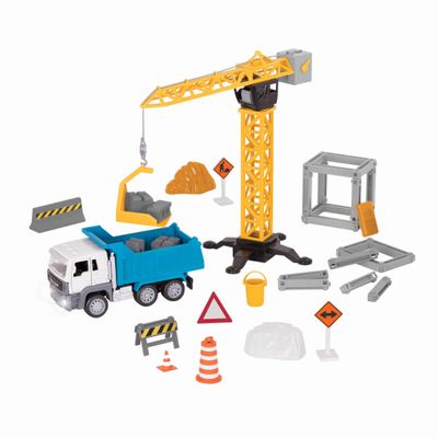 Driven by Battat  62pc Construction Playset for Kids  Toy Dump Truck & Accessories  Pretend Play  Toy Crane, Signs, Beams, & More  3 Years  Construction Crane Play Set (62pc)