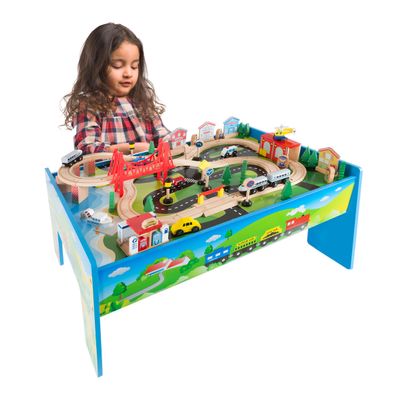 Wooden Train Set - 75-Piece Play Set with Tracks, Vehicles, Buildings, Characters, Illustrated Playing Surface, and Toy Storage Table by Hey Play