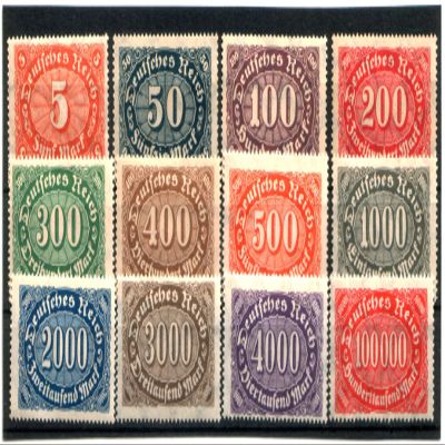 8 DIFFERENT LARGE ORNATE 1923 GERMAN INFLATION STAMPS INCLUDING RARE 100,000 MARKS! FIRST SERIES! MINT NEVER HINGED