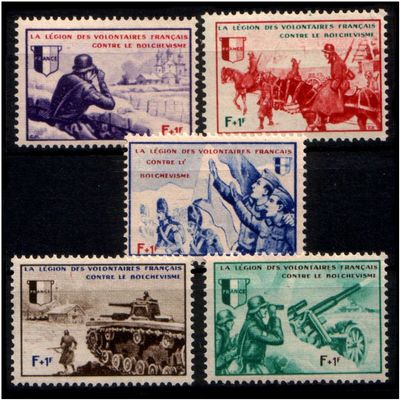 5 DIFFERENT VERY RARE ORIGINAL WW2 PRO-NAZI FRENCH LEGION STAMPS! Mint Never Hinged Fully Gummed