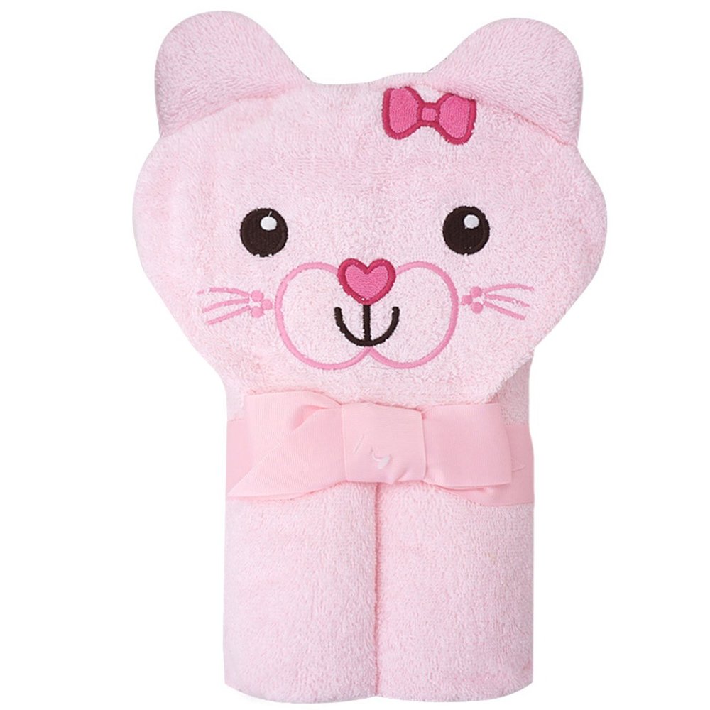 CuteOn 100% Cotton Soft Baby Hooded Towel Cartoon Bath Towel for Toddler & Kids - Pink Cat 28.74" x 35.43"