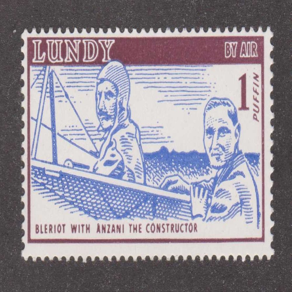 Bleriot with Anzani The Constructor 1 Puffin Lundy Island Air Mail Postage Stamp Brown and Blue