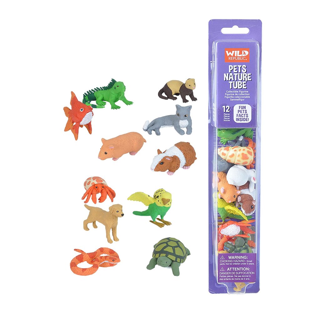 Wild Republic Pets Figurines Tube, Turtle, Guinea Pig, Snake, Hamster, Hermit Crab, Yellow Lab, Ferret, Iguana, Rabbit, Parakeet, Gold Fish, Grey Cat (20821)