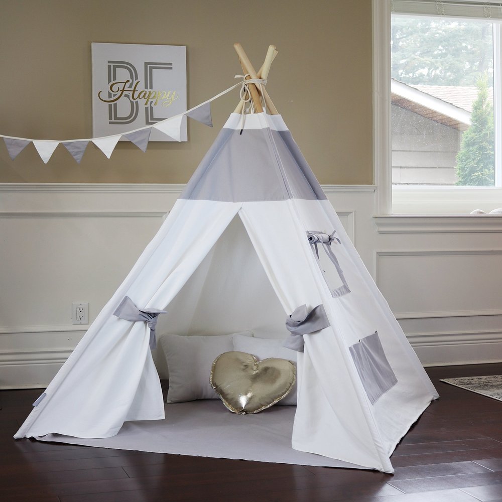Grey Canvas Teepee Bundle with Teepee, Poles, LED Light, Flags Banner and Storage Bag