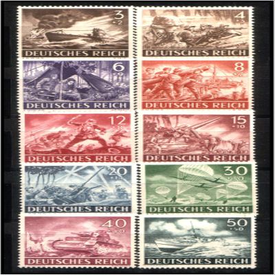 10 DIFFERENT NAZI WEHRMACHT STAMPS w DRAMATIC BATTLE SCENES (DEUTSCHES REICH) MINT CONDITION