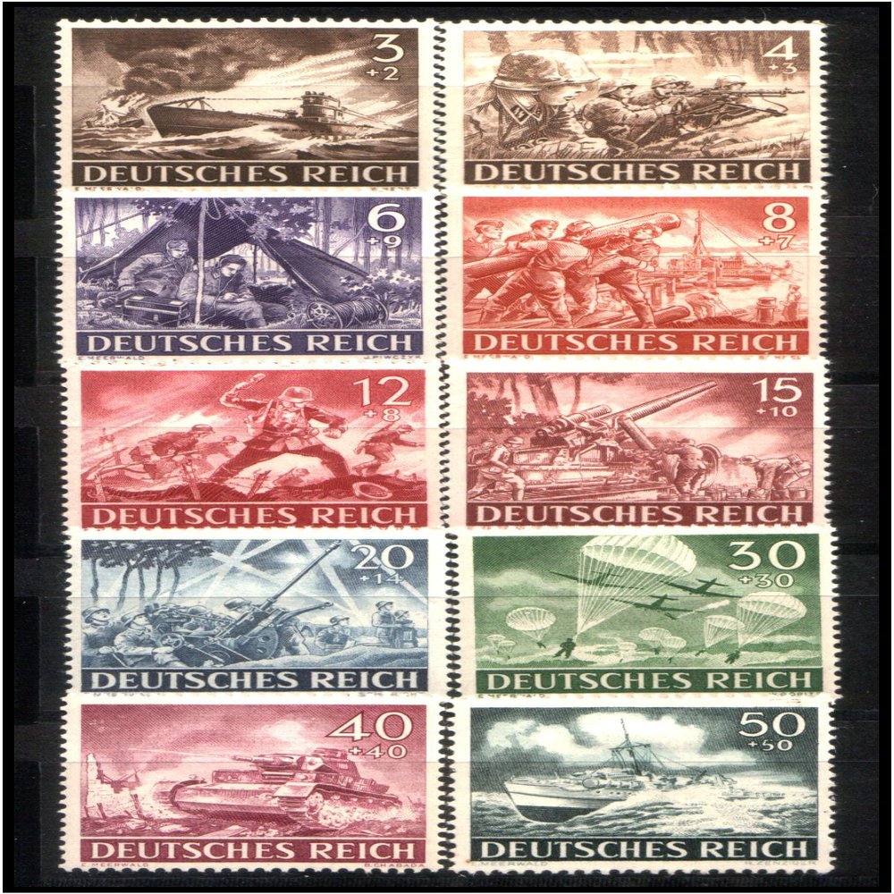 10 DIFFERENT NAZI WEHRMACHT STAMPS w DRAMATIC BATTLE SCENES (DEUTSCHES REICH) MINT CONDITION
