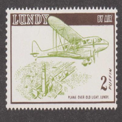 Plane Over Old Light 2 Puffin Lundy Island Air Mail Postage Stamp Brown Top Strip