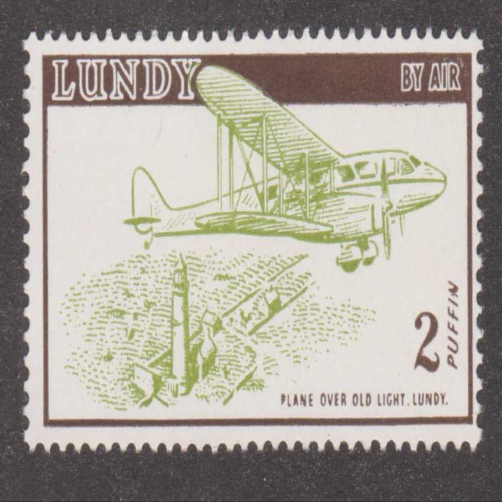 Plane Over Old Light 2 Puffin Lundy Island Air Mail Postage Stamp Brown Top Strip