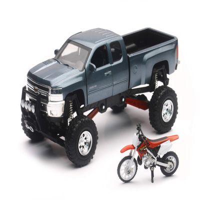 New-Ray Chevrolet 4x4 Gray Silverado Pickup Truck w/Working Suspension and Honda Dirt Bike