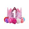ipalmay Baby Princess Glitter Pink Crown, 1st Birthday Party Hat Pink with Mix Rainbow Color Flowers view 1