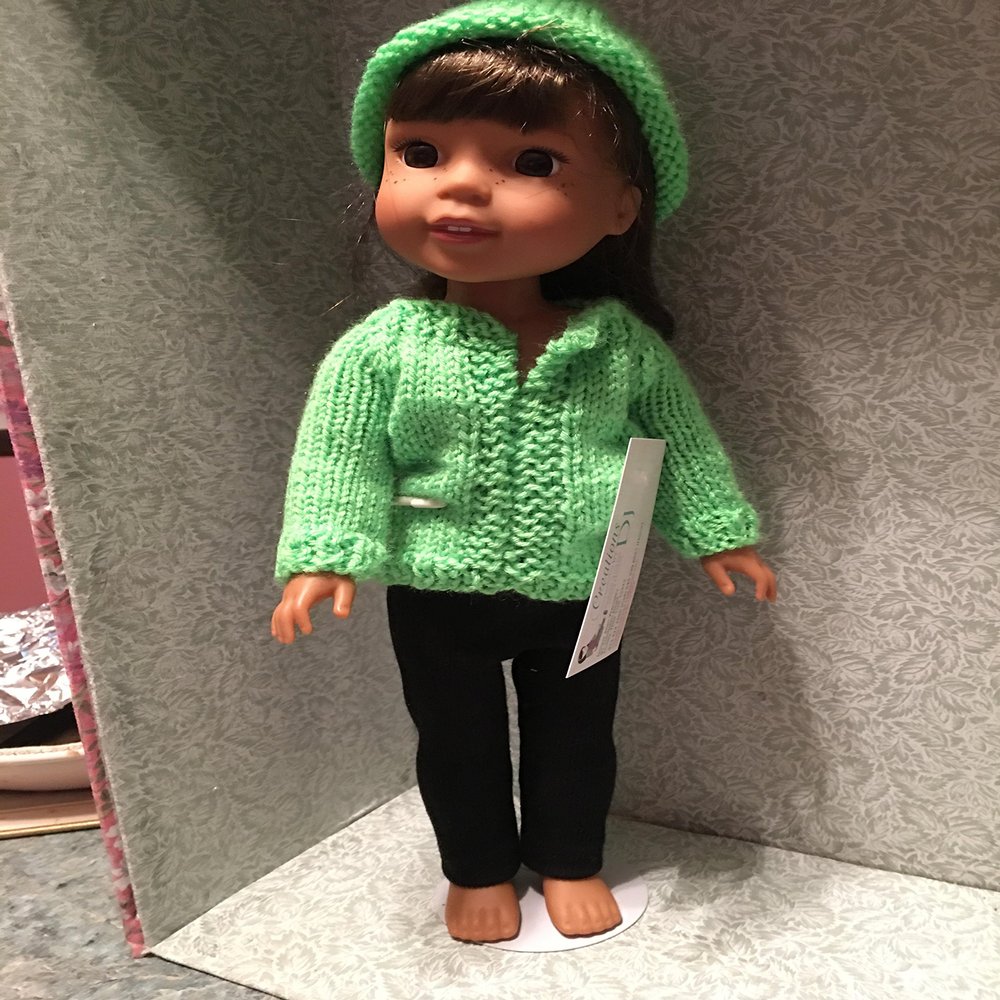 3 piece Sweater, Hat & Leggins Neon Green for Welie Wisher Doll