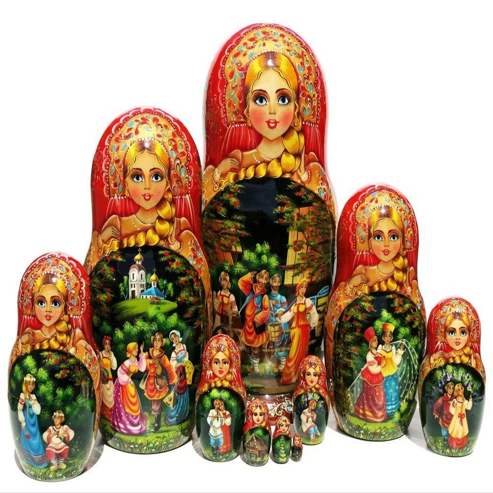 Great Russian Gifts Handmade and Hand-Painted Large 10 Inch Kalinka Nesting Doll 10 Piece Authentic Matryoshka Signed by Artist. One-of-A-Kind Work of Art Stacking Matryoshka Doll