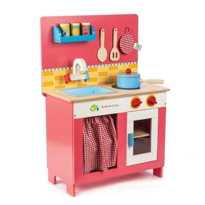 Tender Leaf Toys - Cherry Pie Kitchen - Modern Play Kitchen, with Cooker, Oven, Wardrobe, and Wooden Utensils - Play Set and Gift for Toddlers and Kids - Age 3+