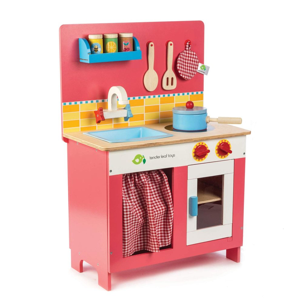 Tender Leaf Toys - Cherry Pie Kitchen - Modern Play Kitchen, with Cooker, Oven, Wardrobe, and Wooden Utensils - Play Set and Gift for Toddlers and Kids - Age 3+