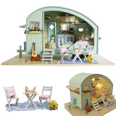 CUTEROOM DIY Miniature Wooden Caravan Dollhouse Kit with Furniture - Creative Mini Doll House Craft for Adults, Teens - Perfect Christmas Birthday Gift