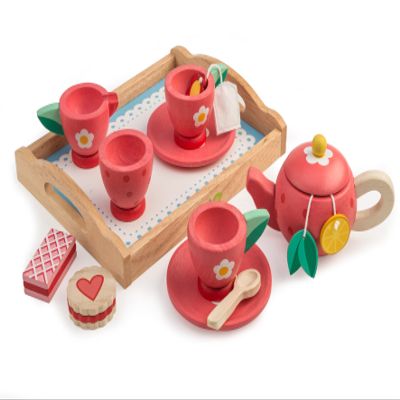 Tender Leaf Toys - Tea Tray Set - Wooden Pretend Food Play Toy with Tea Bags, Snacks, Teapot and Treats for Afternoon Tea Party - Develops Problem Solving Skills and Imaginative Play - Age 3+