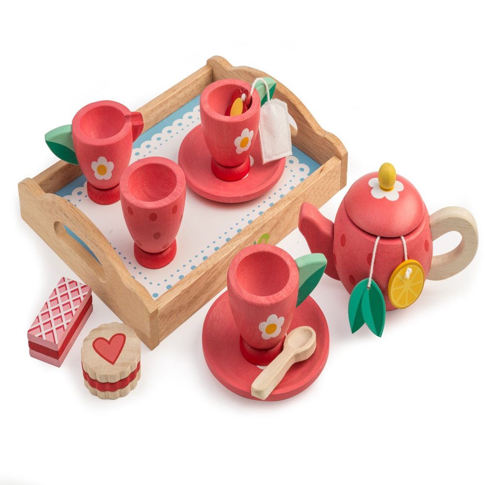 Tender Leaf Toys - Tea Tray Set - Wooden Pretend Food Play Toy with Tea Bags, Snacks, Teapot and Treats for Afternoon Tea Party - Develops Problem Solving Skills and Imaginative Play - Age 3+