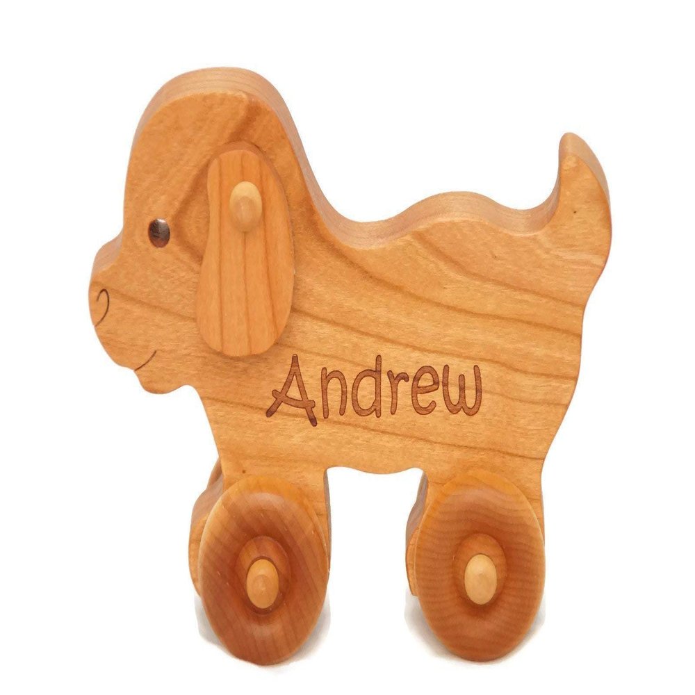 Wooden Puppy Toy Car  Easter Basket Gift for Toddlers & Kids, Handmade Wooden Puppy Push Toy, Natural Wood Animal Toy