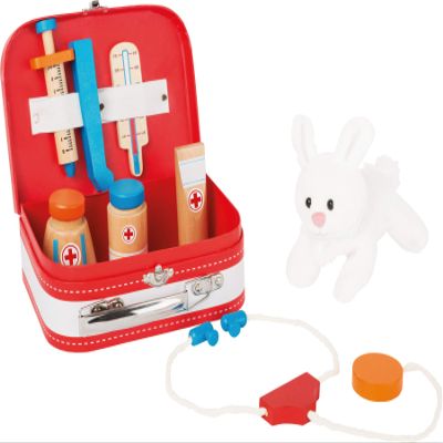 Small Foot 10864 "Veterinarian wooden animal doctor's case, incl. accessories (syringe, thermometer, etc.) and cuddle bunny