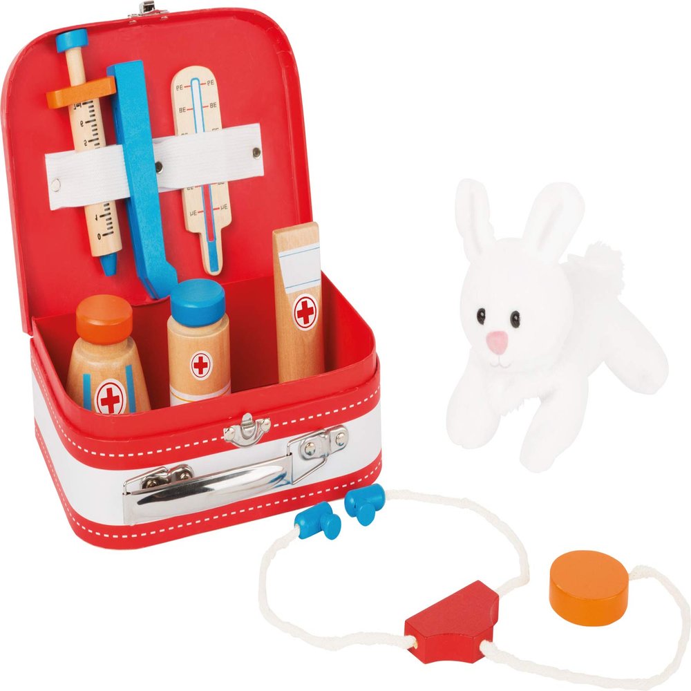 Small Foot 10864 "Veterinarian wooden animal doctor's case, incl. accessories (syringe, thermometer, etc.) and cuddle bunny