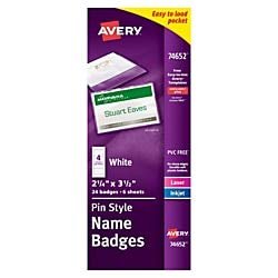 Avery Pin-Style Name Badge Kit, Top/Side Loading, 2 1/6" x 3 1/2", Pack of 24