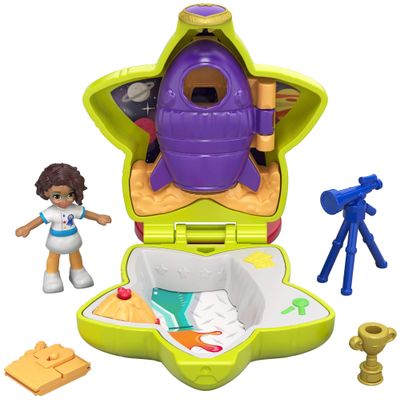 Polly Pocket Tiny Pocket Places Rockin Science Compact with Science-Themed Location, Micro Shani Doll, Surprise Reveals, Rocket, Volcano, Telescope, Clip-on Ring & More, Ages 4 and Older