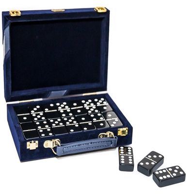 Bello Games New York, Inc. Fashion Avenue Designer Double Six Black Professional Jumbo Size Tournament Dominoes Set with Spinners in a Blue Velour Case
