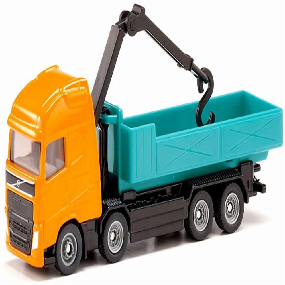 SIKU 1683, Volvo Roll-Off Tipper with Crane, Metal/Plastic, Orange/Turquoise, Roll-Off Body, Rotating Crane