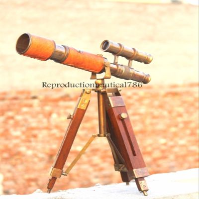 Marine Pirate Antique Brass DOUBLE BARREL Spyglass Telescope With Wooden Tripod A