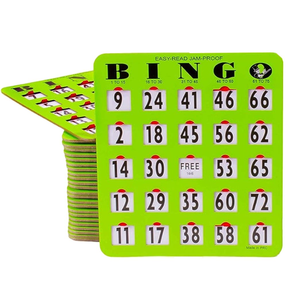 MR CHIPS Jam-Proof Easy-Read Large Print Fingertip Bingo Cards with Sliding Windows 10 Pack in Green Style