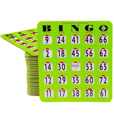 MR CHIPS Jam-Proof Easy-Read Large Print Fingertip Bingo Cards with Sliding Windows 25 Pack in Green Style