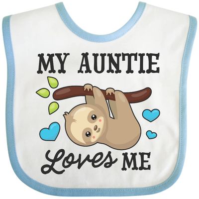 inktastic My Auntie Loves Me with Sloth and Hearts Baby Bib White and Blue 2f1de