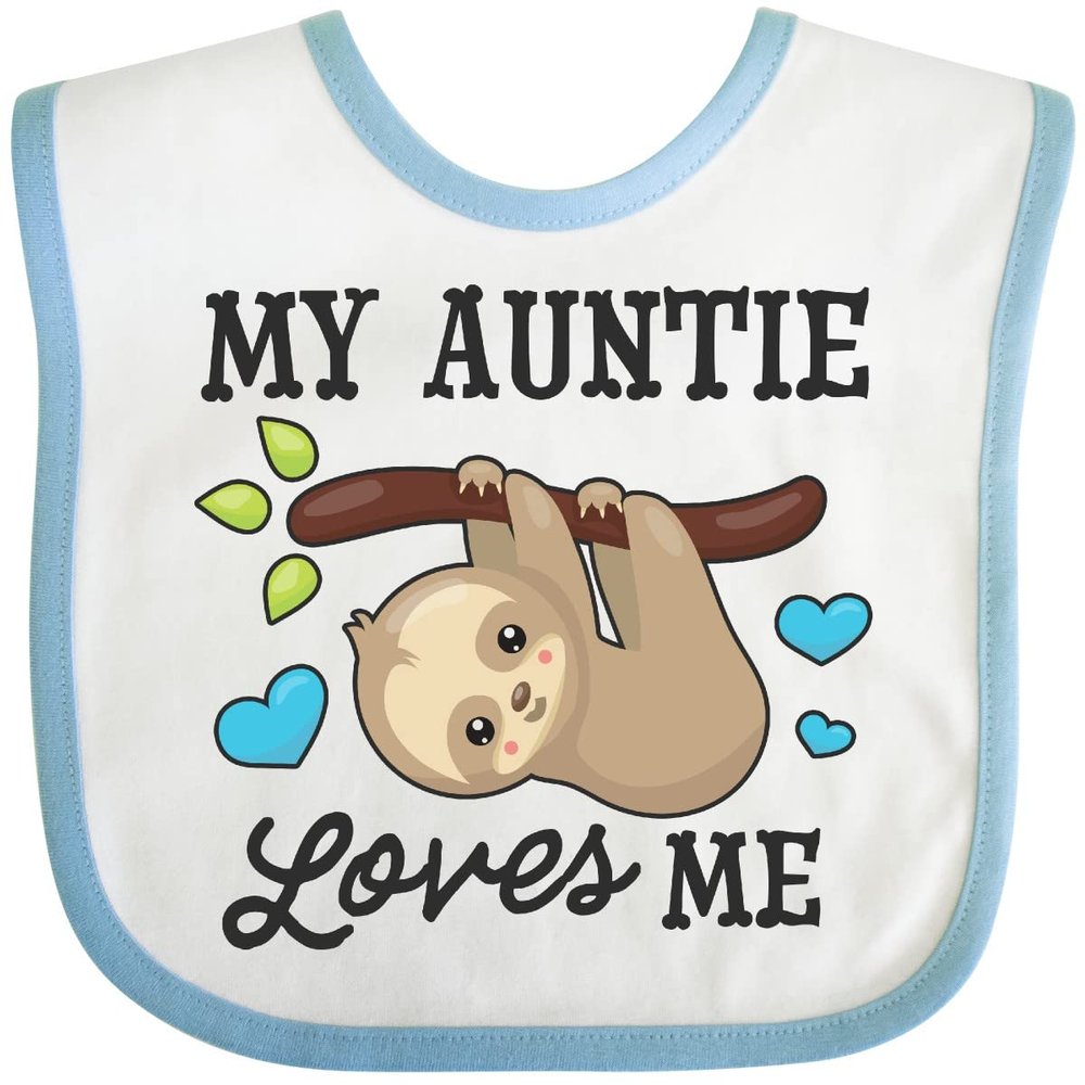 inktastic My Auntie Loves Me with Sloth and Hearts Baby Bib White and Blue 2f1de