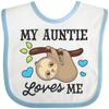 inktastic My Auntie Loves Me with Sloth and Hearts Baby Bib White and Blue 2f1de view 1