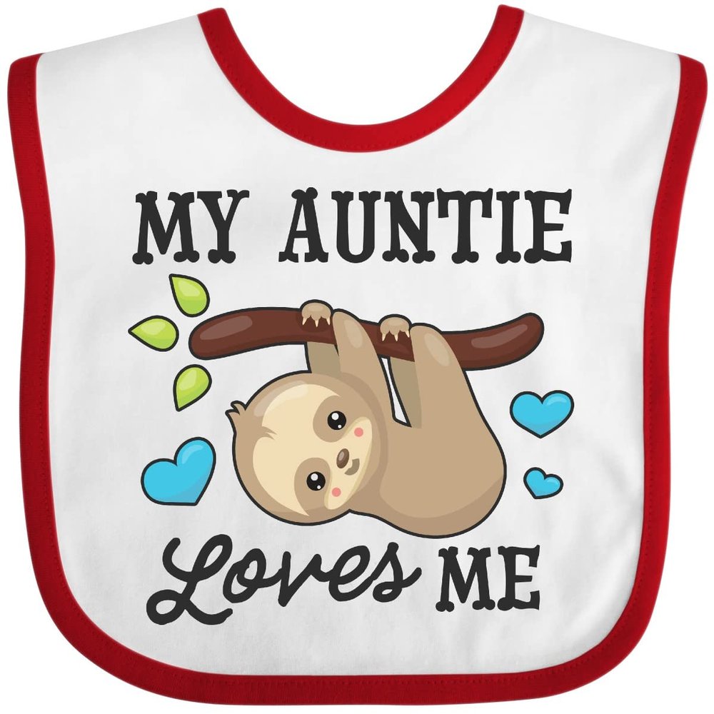 inktastic My Auntie Loves Me with Sloth and Hearts Baby Bib White and Red 2f1de
