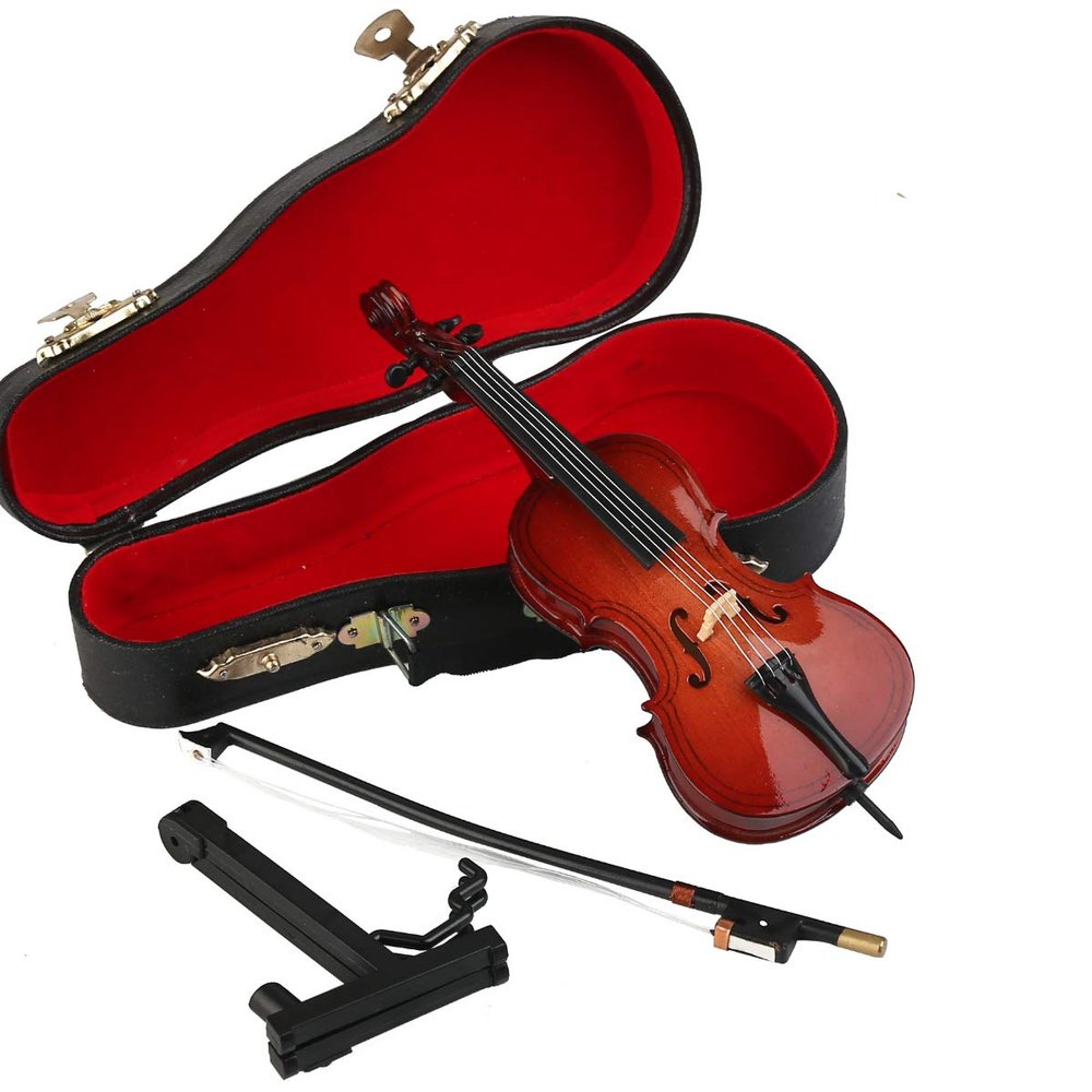 Dselvgvu Wooden Miniature Cello with Stand, Bow and Case Mini Musical Instrument Cello Replica Collectible Figurines Dollhouse Accessories Model Home Decoration Display Ornament (5.51"x1.97"x0.63")