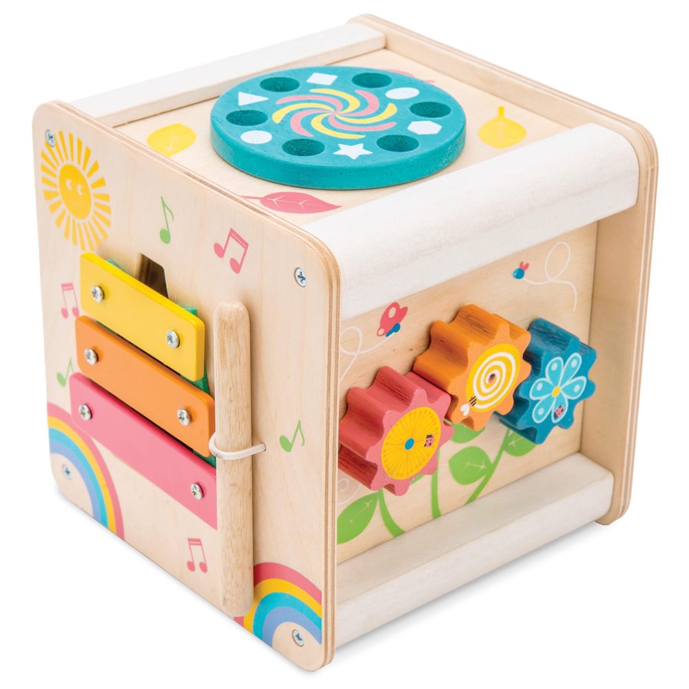 Le Toy Van - Wooden Educational Multi-Sensory Activity Cube with Spinning Wheel | Petilou Range Wood Baby Toy | Suitable for Boy Or Girl 2 Year Old +