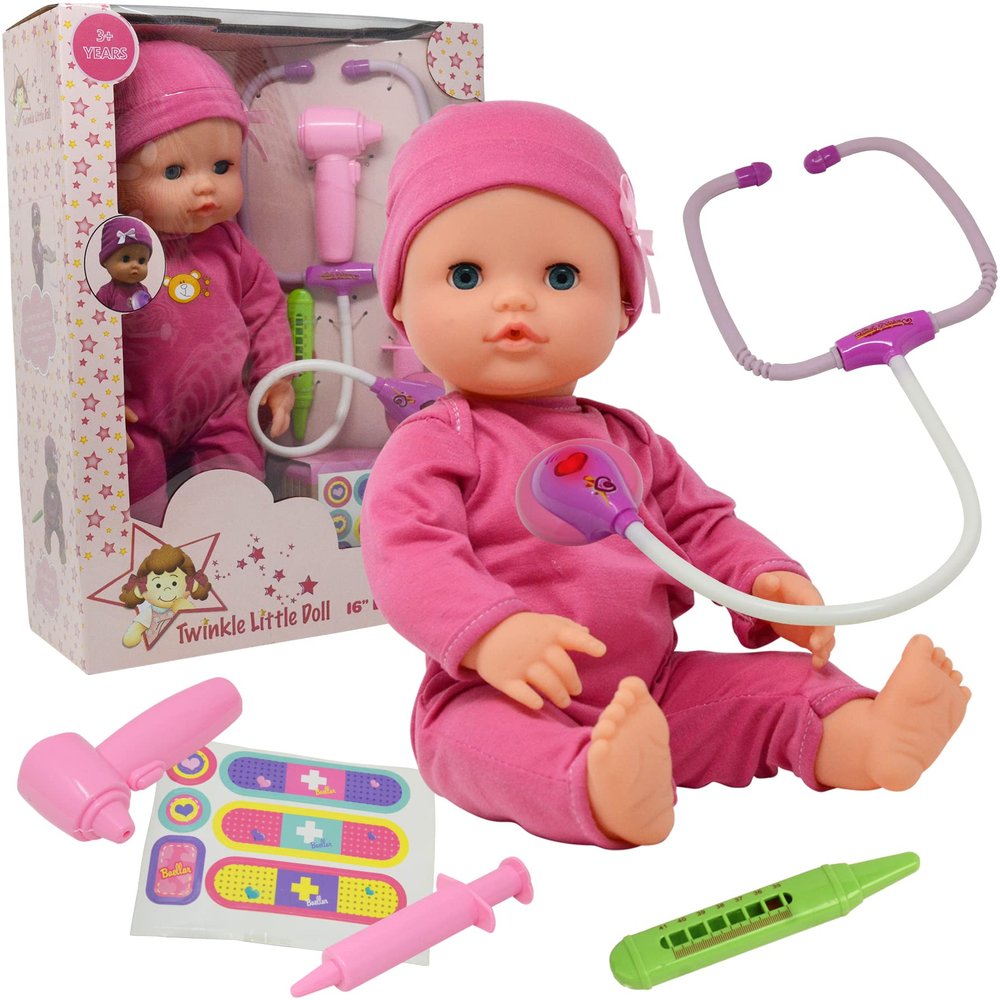 Interactive 16 Baby Doll Toy Doctor Kit with Light Up Heartbeat Sound Stethoscope, Pretend Role Play Accessories Set - Medical Checkup Playset Gift Pack for Kids, Girl Toddler  Pink, (16 Inch)