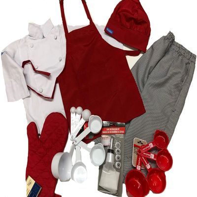 CHEFSKIN Kids Children Chef set: JACKET APRON HAT PANTS MITTS UTENSILS full set All (XL (8-10 yrs))