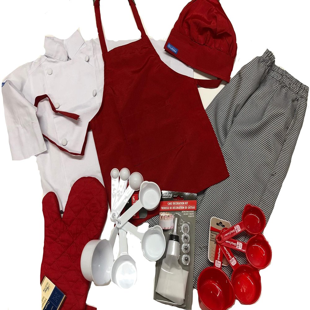 CHEFSKIN Kids Children Chef set: JACKET APRON HAT PANTS MITTS UTENSILS full set All (XL (8-10 yrs))